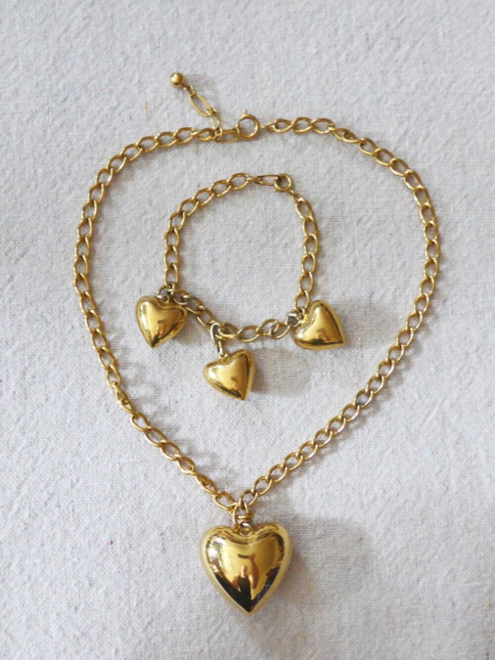 Y2k Puffy Heart gold tone Necklace-Bracelet Set
